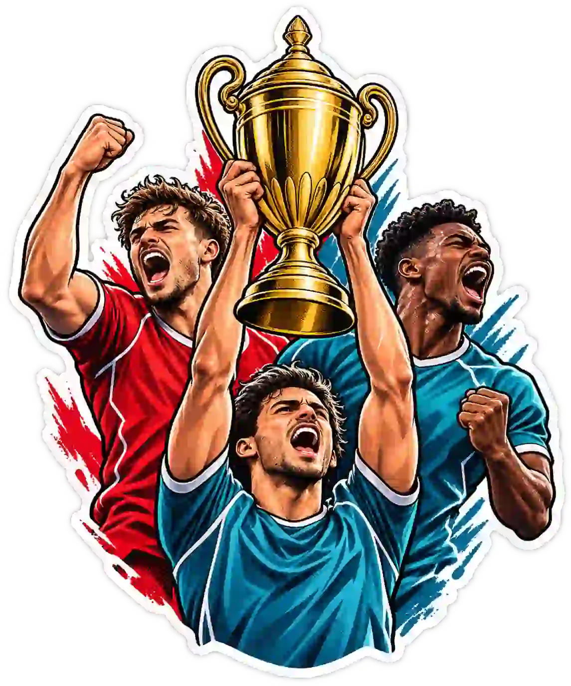 Tre fiktiva fotbollsspelare firar och lyfter en pokal. IPTV SVERIGE