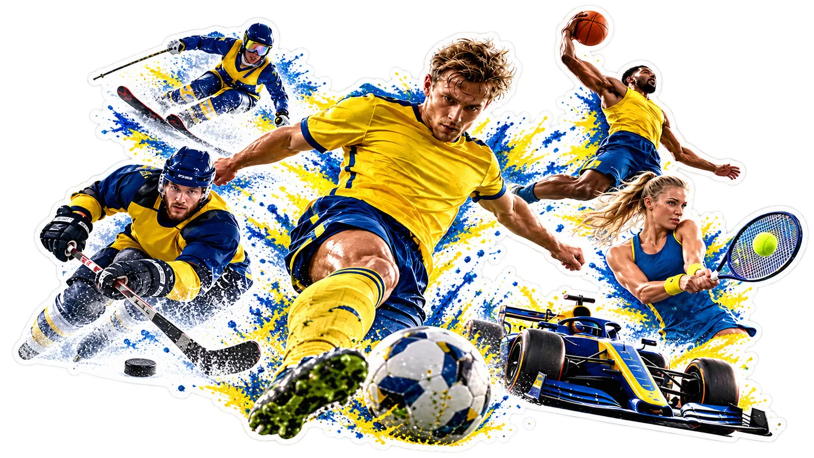 Blågul illustration med fotboll, ishockey, basket, tennis, golf och racing.
