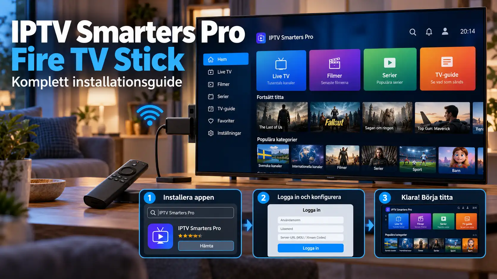 IPTV Smarters Pro Fire TV Stick installation guide showing IPTV setup on Smart TV