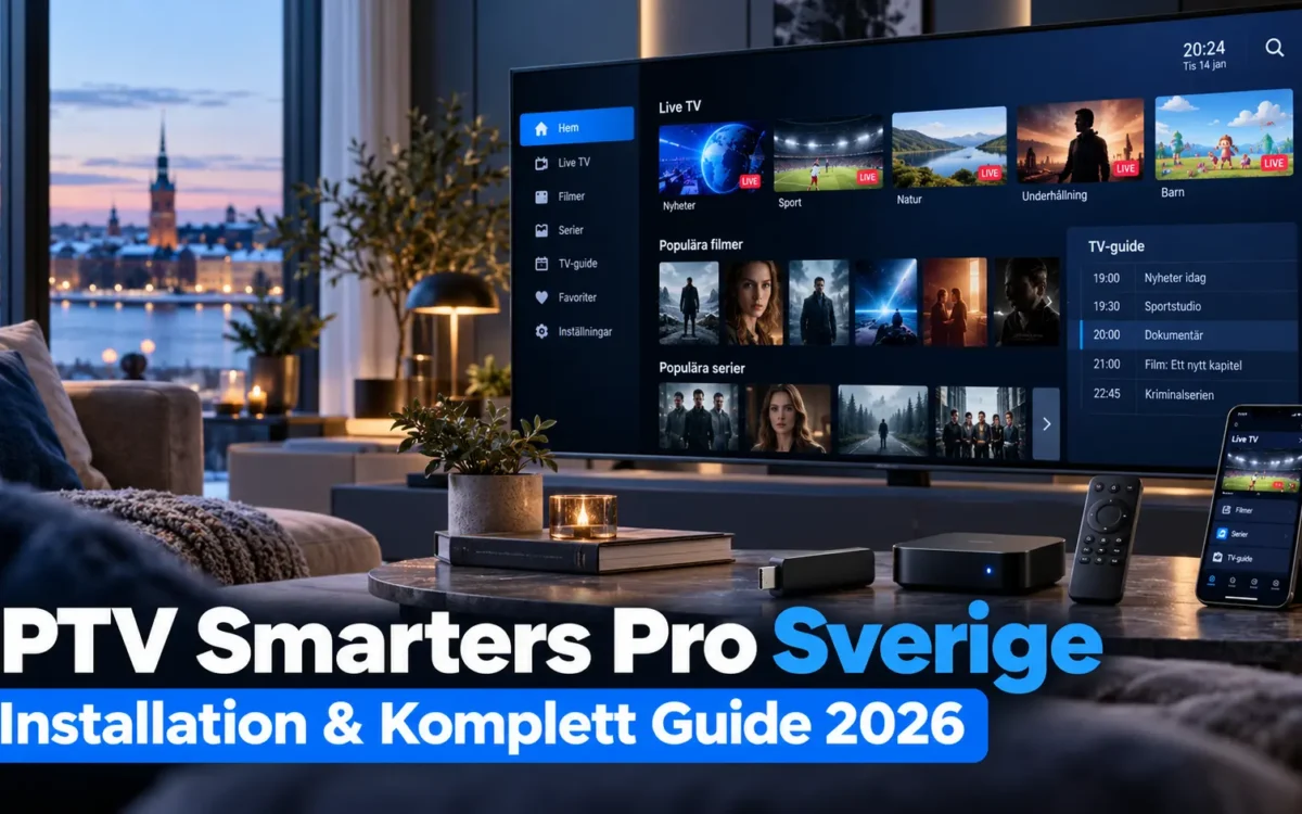 IPTV Smarters Pro Sverige installation guide showing IPTV streaming on Smart TV and devices
